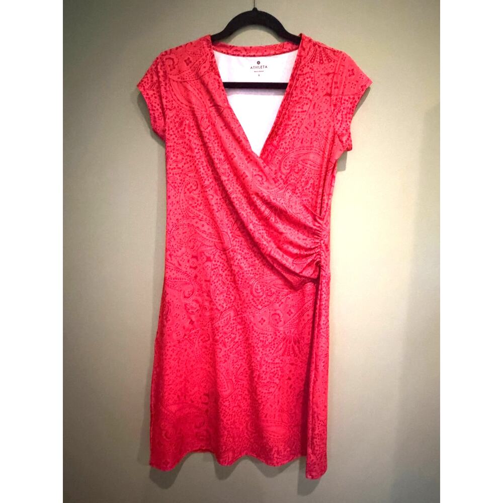 Athleta Nectar Dress SS Athletic Faux Wrap V-Neck Pink Paisley Size Small